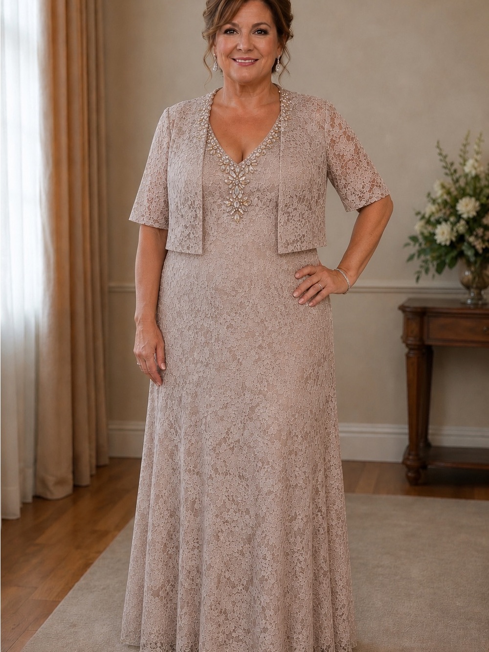 Alex Evenings Cameo Lace Sparkly Evening Dress with Jewel Accents And Jacket.